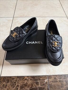 CHANEL Black Quilted Leather Loafers with Gold CC Hardware